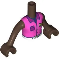 Minidoll Torso Girl with Umber Brown Arms and Hands with Dark Pink Shirt, White Belt, Magenta Collar, Pocket, Gold ID Badge print