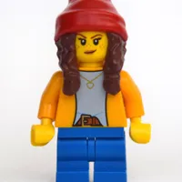 Girl, Bright Light Orange Shirt, Blue Medium Legs, Red Beanie with Braids