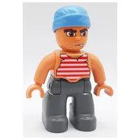 Duplo Figure Pirate with Head Wrap, Dark Bluish Gray Legs, Red and White Striped Vest Print