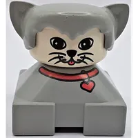 Duplo 2 x 2 x 2 Figure Brick, Hair with Cat Ears Light Gray, White Face with Round Eyes and 2 Whiskers Print