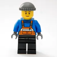 Man, Orange Overalls over Blue Sweater, Black Legs, Dark Bluish Gray Hat, Brown Eyebrows