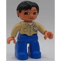 Duplo Figure Side Parted Hair Black, with Blue Legs, Shirt with Rag Print, Brown Eyes, Tan Hands