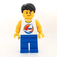 Man, White Tank Top with Windsurfer, Blue Legs, Black Hair