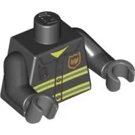 Torso Fire Uniform, Badge, Stripes and Radio Print, Black Arms, Dark Bluish Gray Hands