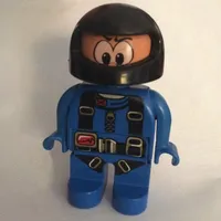Duplo Figure, Early, Helmet Black, Blue Legs, with Parachute Straps Print (Action Wheeler)