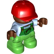 Duplo Figure Child with Cap Red, with Light Bright Blue Shirt under Green Coveralls - Dark Brown Face and Hands - Bright Green Legs