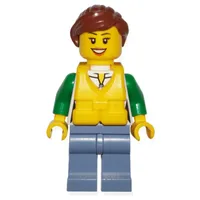 Woman, Green and White Jacket with Zipper, Sand Blue Legs, Reddish Brown Hair, Yellow Life Vest