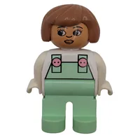 Duplo Figure, Early, Hair Bob Fabuland Brown, Light Green Legs, Light Green Overalls with Pink Buttons Print