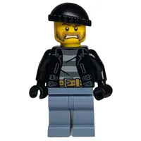 Criminal, Open Black Jacket over Prison Shirt, Sand Blue Legs, Black Hat, Beard