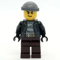 Criminal, Open Black Jacket over Prison Shirt, Dark Brown Legs, Dark Bluish Gray Hat