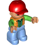 Duplo Figure with Cap Red, with Orange Vest over Green Long Sleeve Shirt - Medium Blue Legs