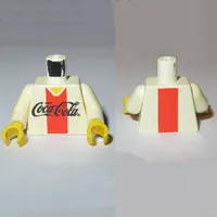 Torso V-Neck Shirt with Coca-Cola Logo and Red Stripe Print, White Arms, Yellow Hands
