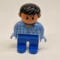 Duplo Figure, Early, with Short Parted Hair Black, Blue Legs, Plaid Shirt with Pocket and Collar Print