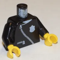 Torso Leather Jacket, White Police Badge, Curved Zipper Print, Black Arms, Yellow Hands