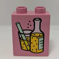 Duplo Brick 1 x 2 x 2 with Bottle and Glass with Straw, Full of Fizzy Yellow Liquid Print